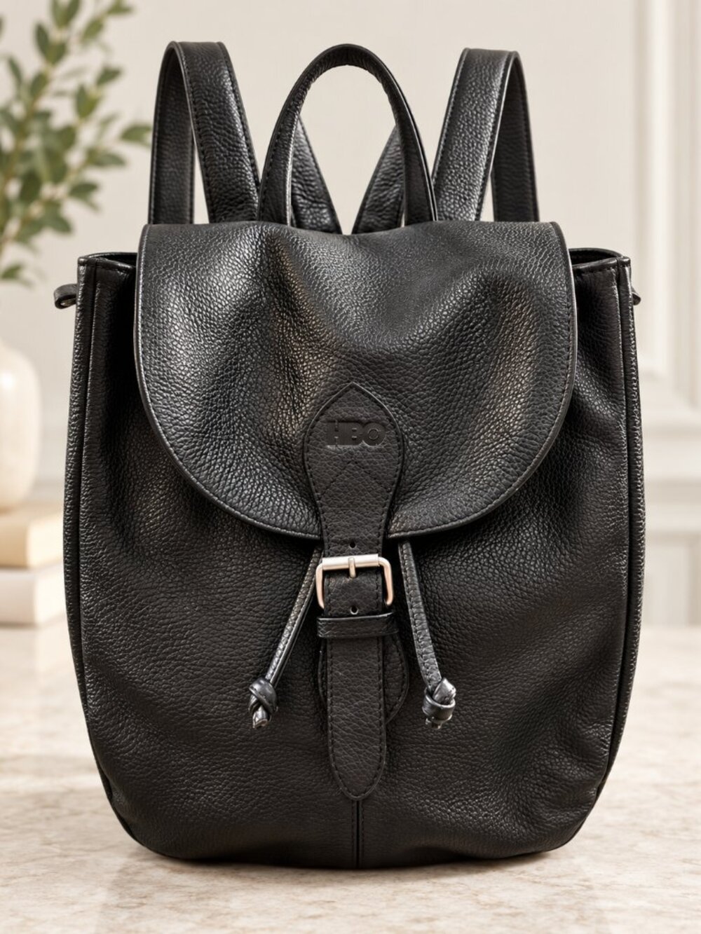 Clava American Black Genuine Leather Backpack Pebbled Drawstring Buckle Unisex
